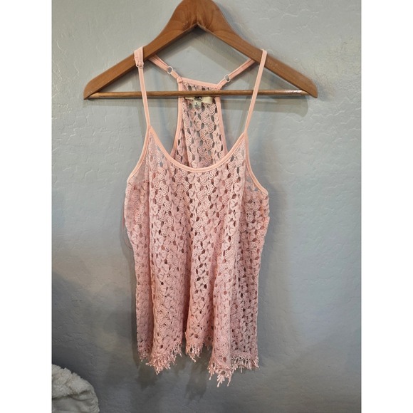 SO Los Angeles Tops - SO Los Angeles Pink‎ Lace Racerback Tank Top Sheer Crochet Fringe Hem L